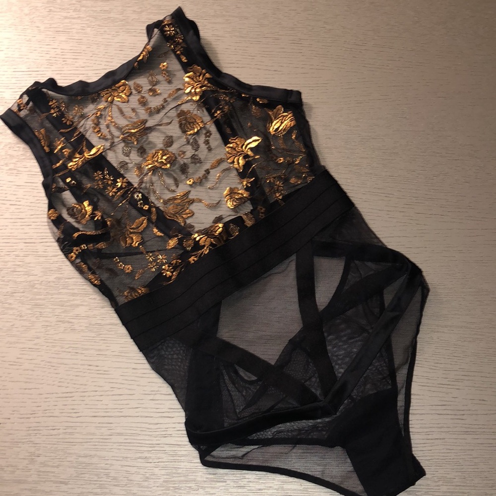 Honey Birdette amber shimmer bodysuit embroidered gold floral Size XS